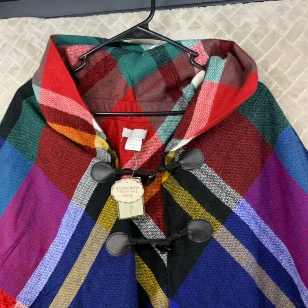 Lake Shore Drive Womens Poncho Toggle Closure Colorful Plaid Fringe Cottage Core - Picture 6 of 16